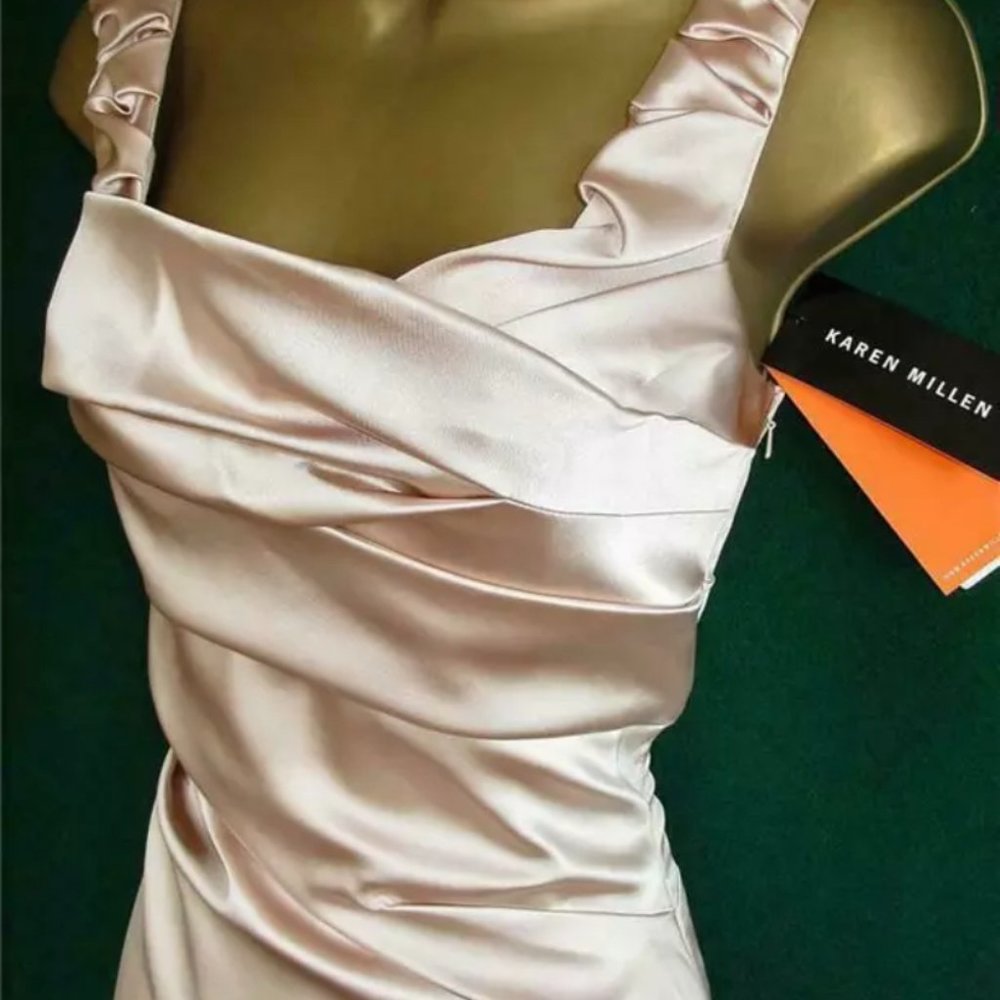 NWT KAREN MILLEN Signature Nude Folded Wiggle Stretch Satin Pencil Dress -Size 6